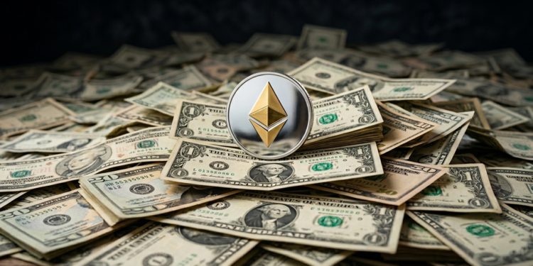 logo de ethereum sobre billetes de dólares