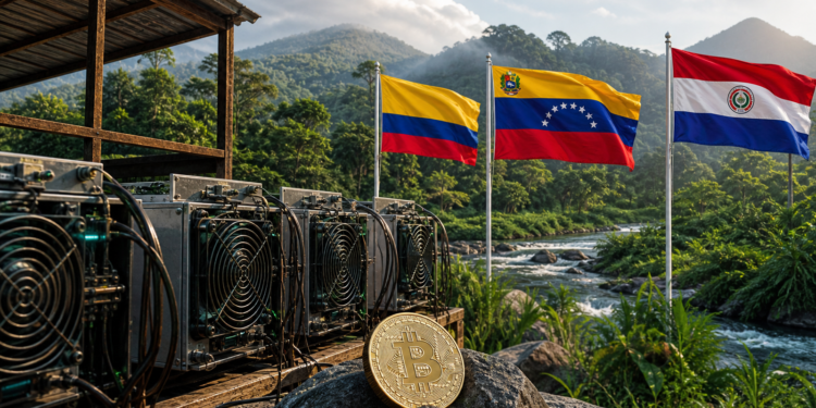 Minería de bitcoin con energía hidroeléctrica en América Latina, con banderas de Colombia, Venezuela y Paraguay en un entorno natural