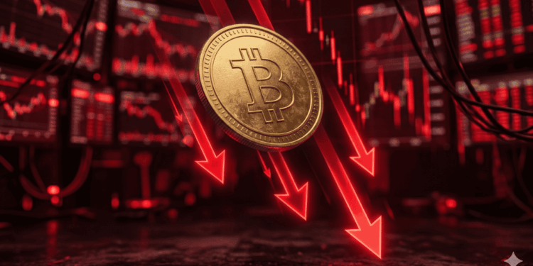 Moneda de bitcoin cayendo, con flechas rojas hacia abajo.
