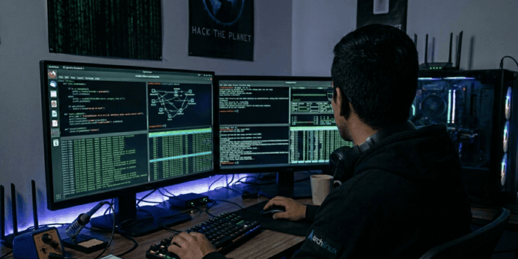 hombre en una computadora con códigos