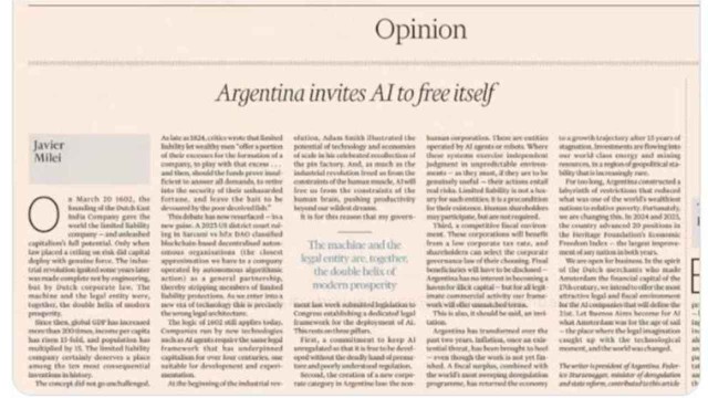 Milei llevó al Financial Times su plan para desarrollar la IA sin trabas regulatorias