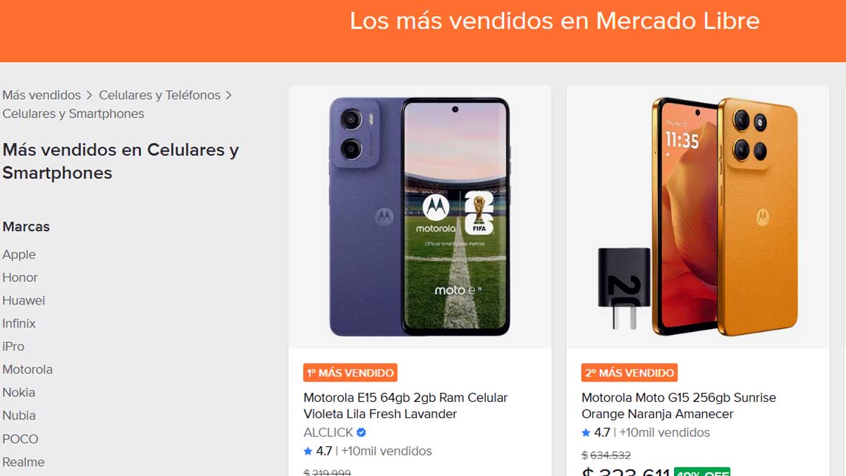 El Moto E15 es el celular Motorola más vendido en Mercado Libre.