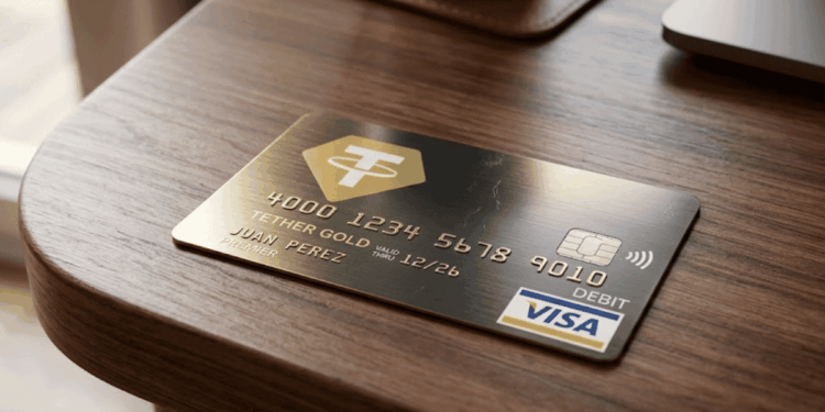Una tarjeta de crédito o débito Visa con el logo de XAUT sobre una mesa.