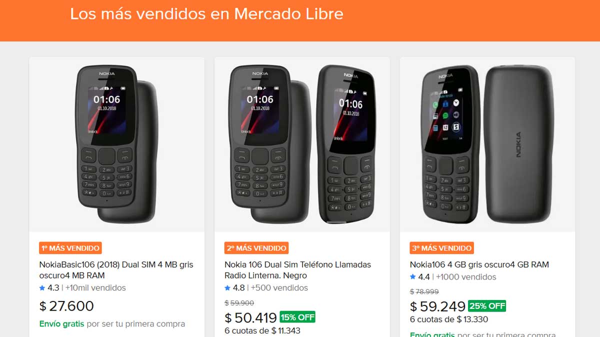 El 106 es el modelo de Nokia más vendido en Mercado Libre.
