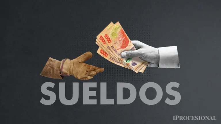 Mano entregando pesos argentinos a una mano que recibe con un guante de trabajo, sobre un cartel de Sueldos. Imagen producida por iProfesional.