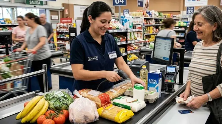 Cajera de supermercado atendiendo a una cliente