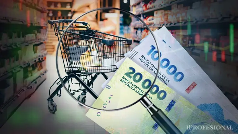 Billetes de pesos argentinos bajo una lupa con un supermercado de fondo. Imagen producida por iProfesional.