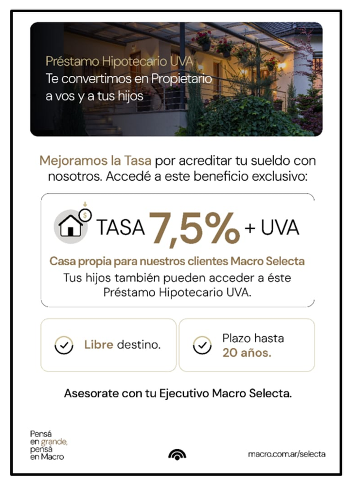 Banco Macro redujo la tasa de interés a UVA + 7,5%,