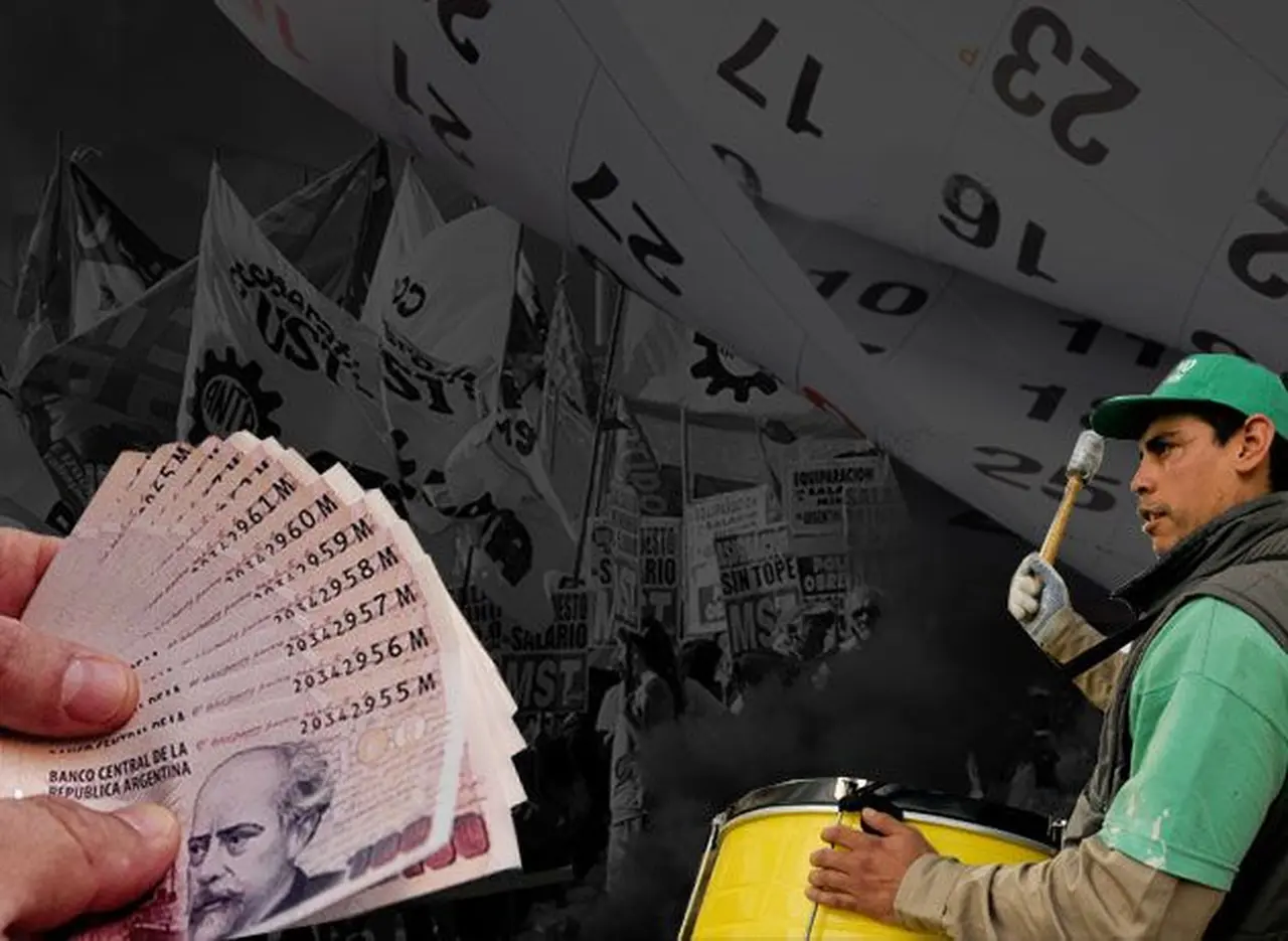 Hombre manifestando con un bombo sobre un fondo con un calendario y una mano con pesos argentinos en la esquina izquierda inferior