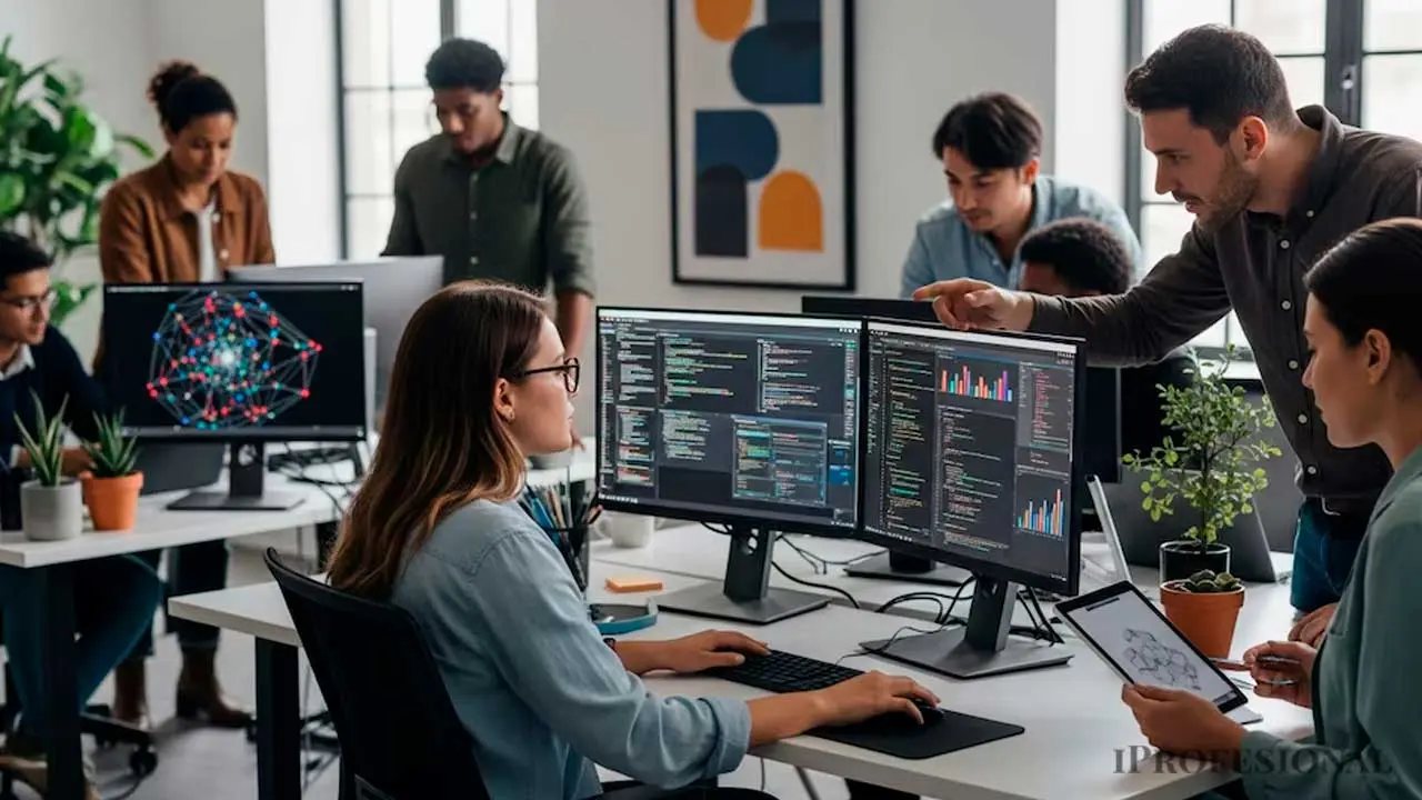 Jóvenes trabajando en una oficina con computadoras