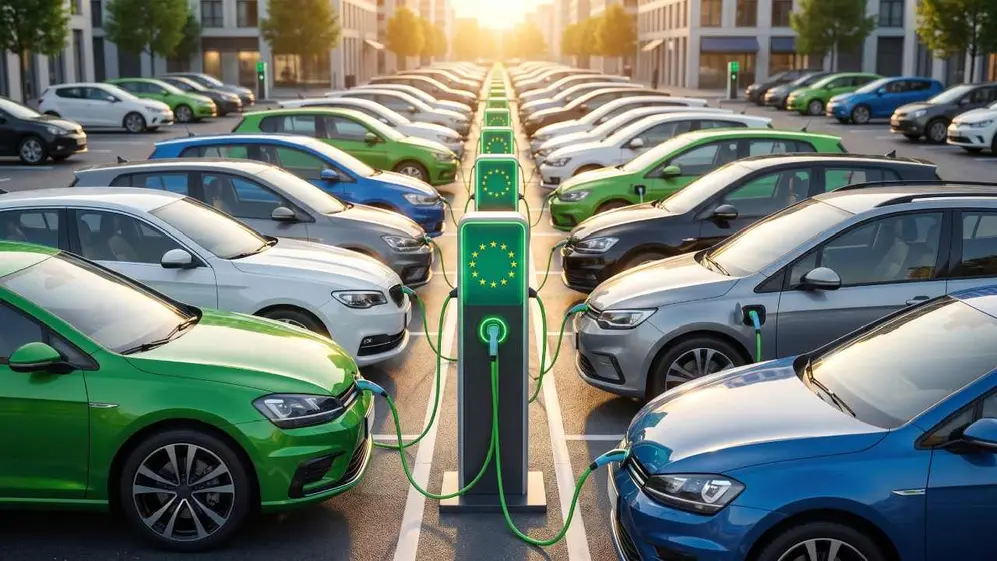 Autos eléctricos de diversos colores enchufados y cargando sus baterías