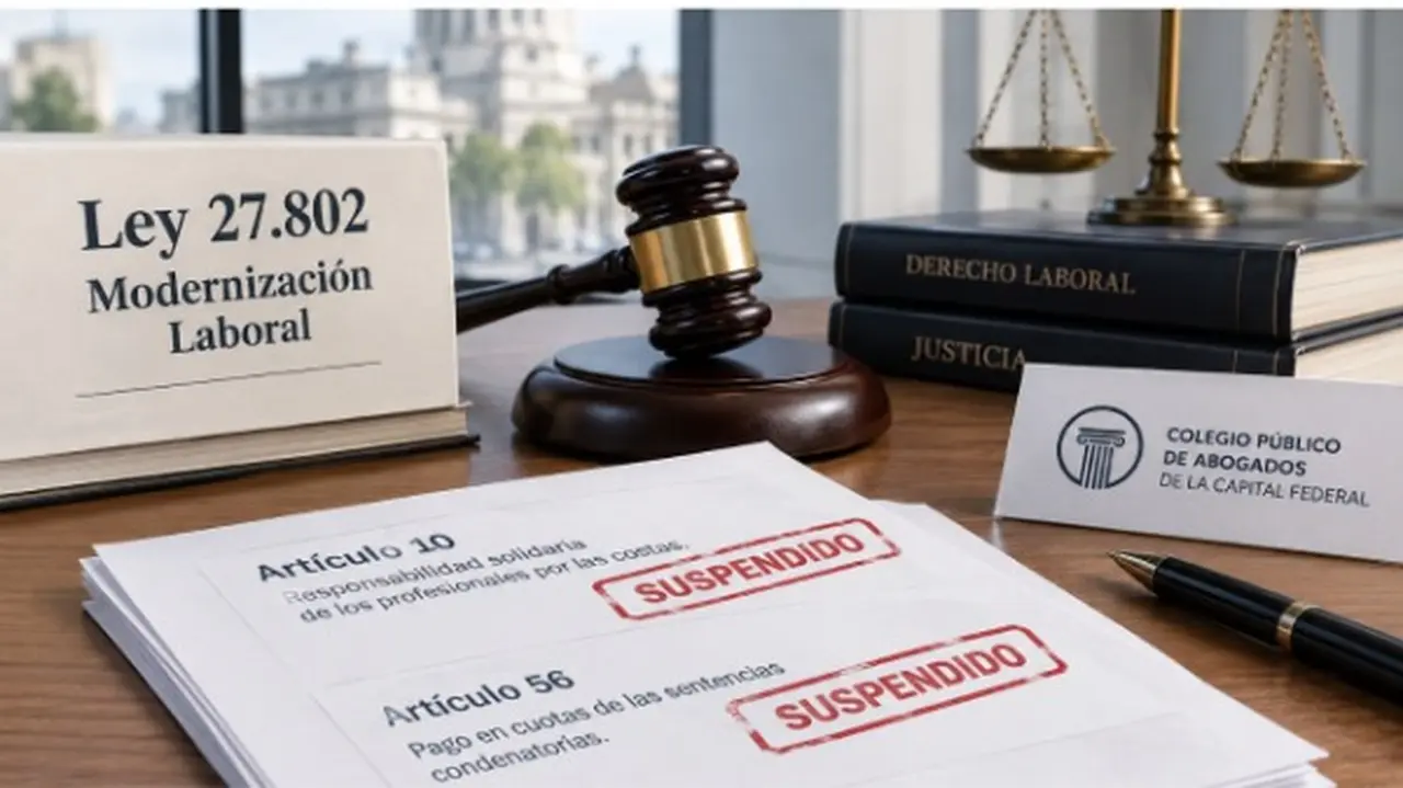 Expediente con los artículos 10 y 56 de la Ley 27.802 suspendidos a pedido del Colegio de Abogados, un martillo y una balanza de la Justicia