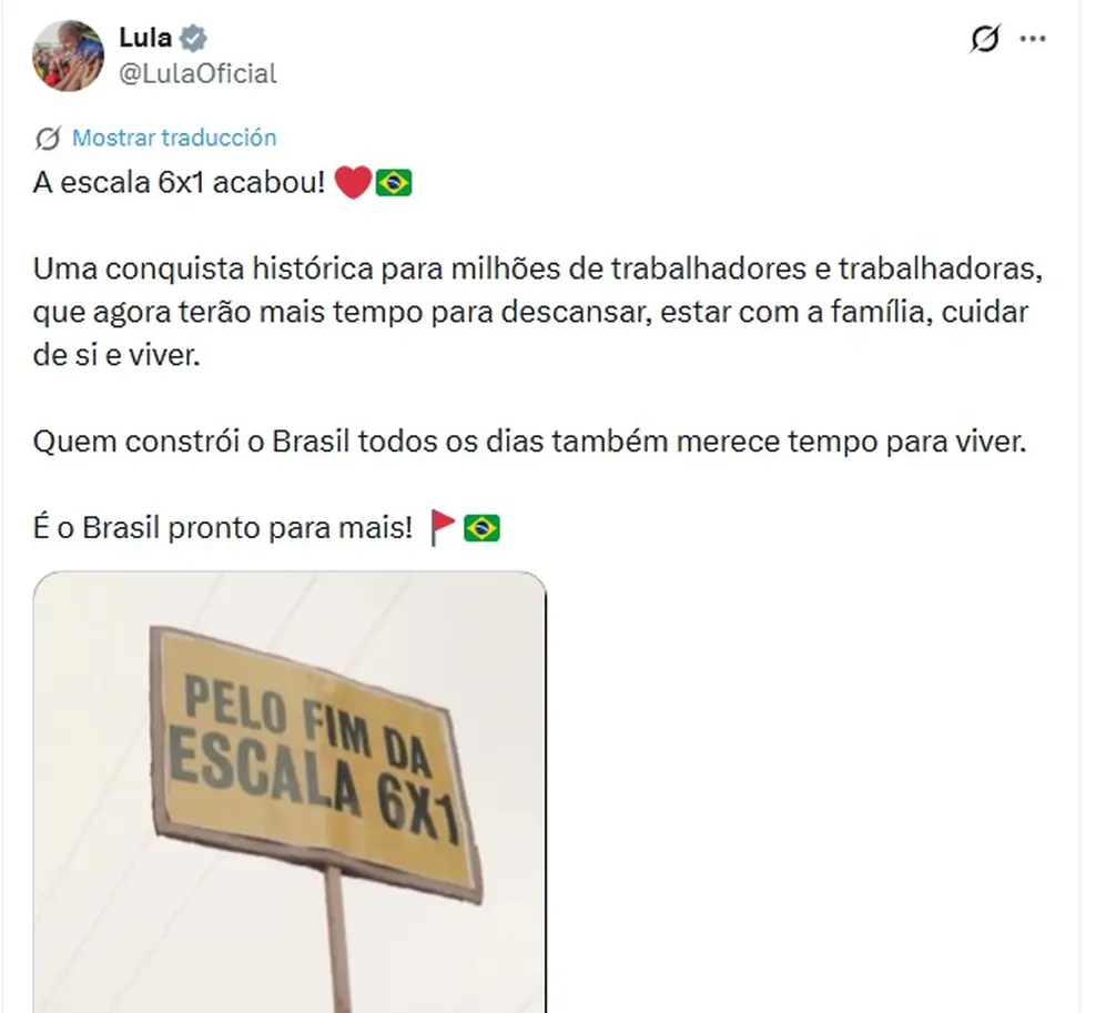 Tuit de Lula por el 6x1
